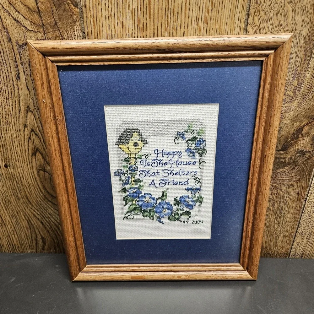 VTG 2004 Handmade Birdhouse Friendship Framed Cross Stitch Tapestry 9X11 Sampler